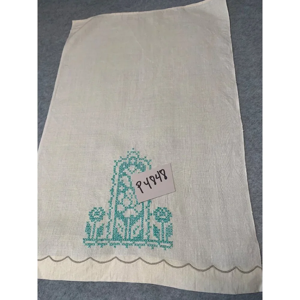 Vintage Cream Linen Finger Towel Blue Cross-Stitch Floral Design Scalloped Edge